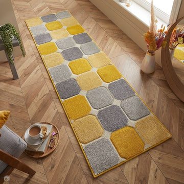 Portland 172 J Modern Geometric Carved Durable Short Pile Yellow /Grey/Cream Runner-Melrose-Rug Love - The Most Loved Rug Store